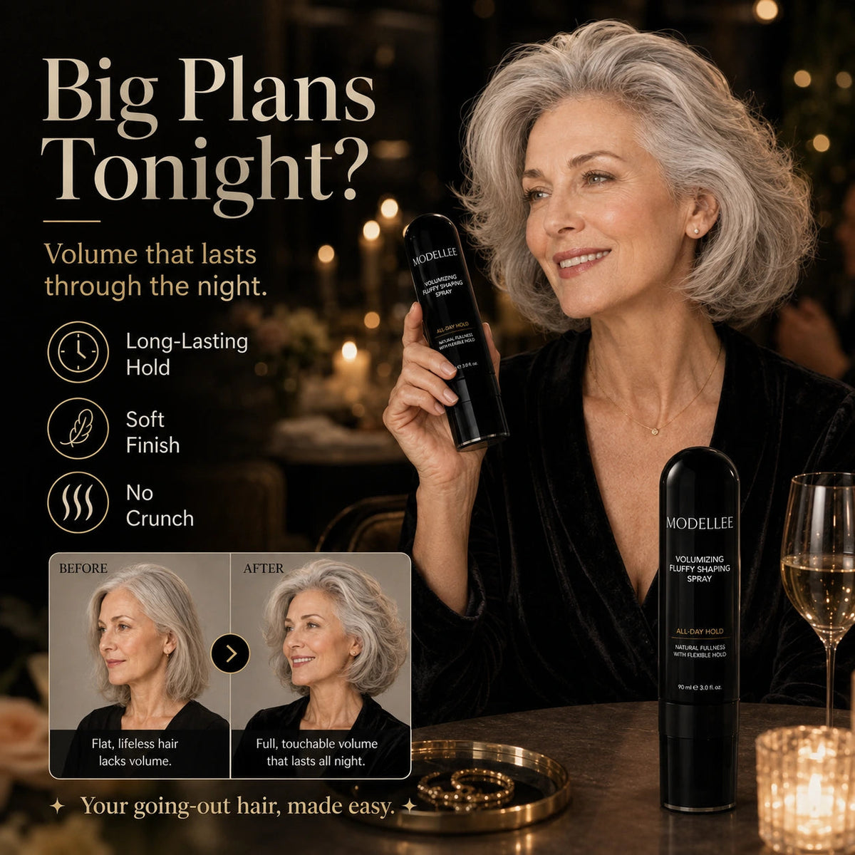 Evening hair styling with flexible hold and a soft finish