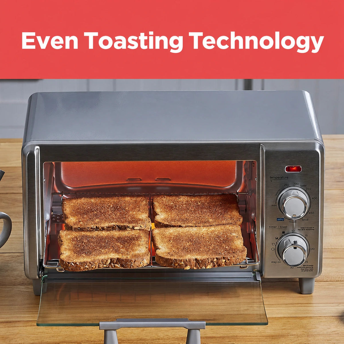 Four slices of toast cooking in the countertop oven
