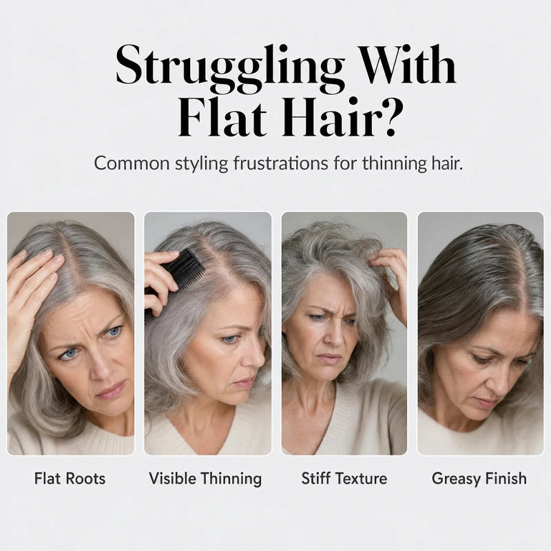 Styling concerns including flat roots, visible thinning, stiff texture and greasy finish