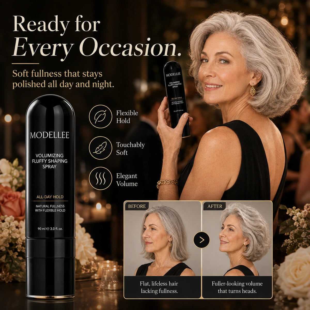 Volumizing spray and styling examples for different occasions