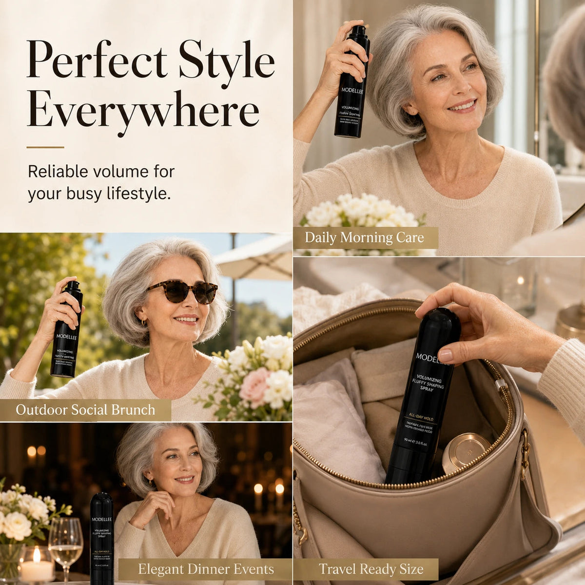 Hair styling spray shown for daily care, social occasions and travel