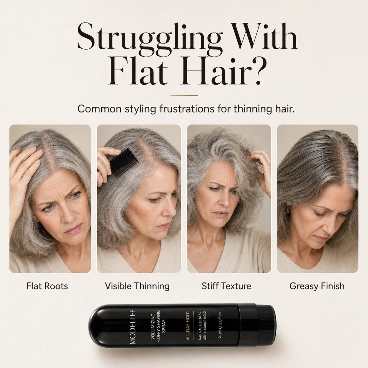 Flat roots, visible thinning, stiff texture and greasy-finish styling concerns