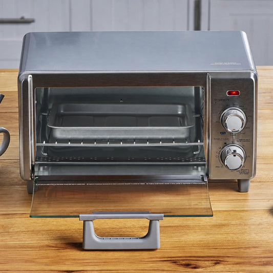 Stainless-steel five-in-one countertop toaster oven with its glass door open