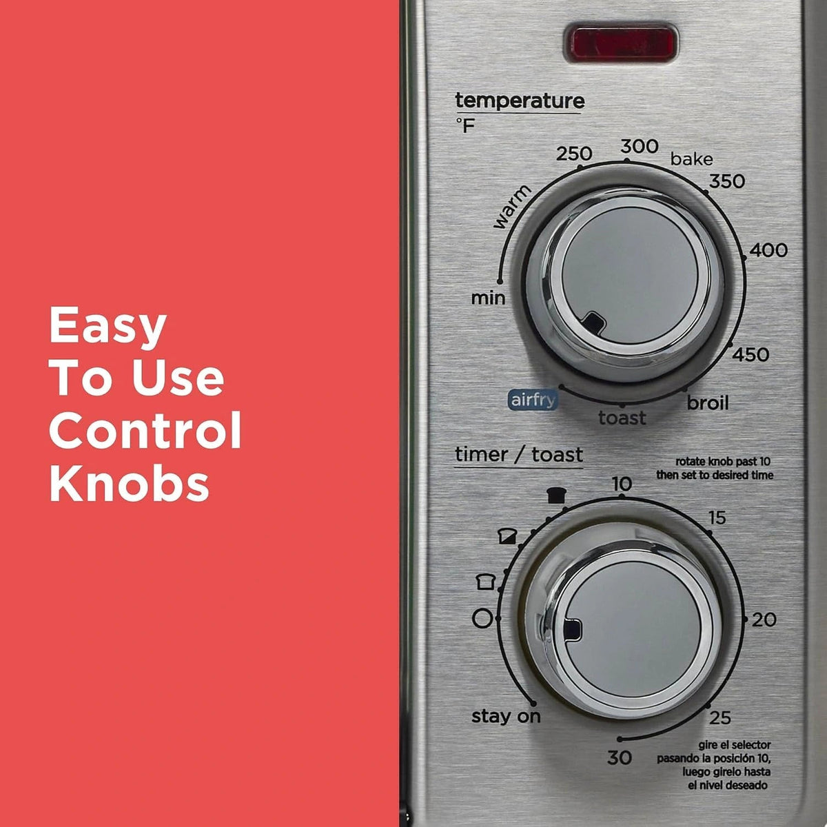 Two mechanical control knobs for temperature, cooking function and timer