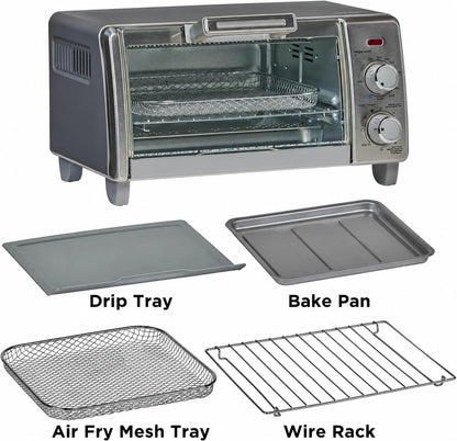 Toaster oven with removable drip tray, bake pan, air-fry mesh tray and wire rack