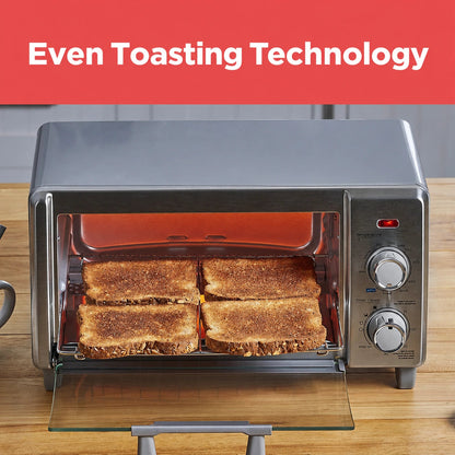 Four slices of toast cooking in the countertop oven